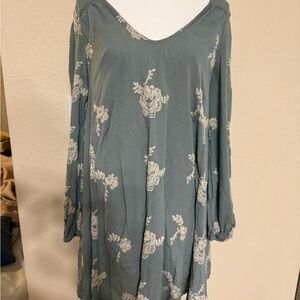 Free People green embroidered floral Austin tunic V neck mini dress Small